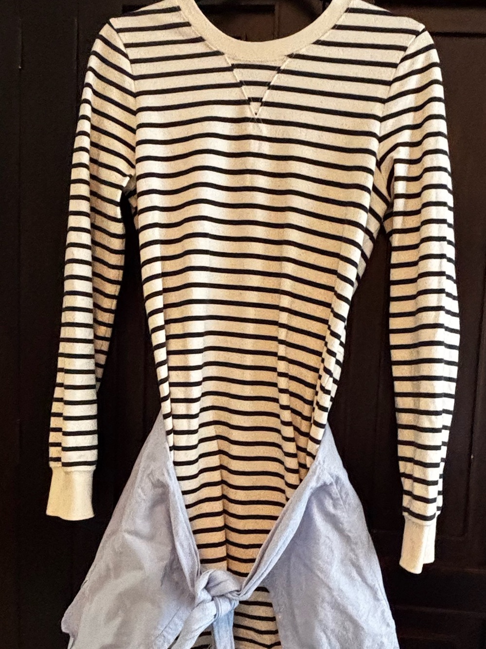 Veronica Beard Cream & Navy Striped Knit Dress with Light Blue Shirt Tie - Picture 4 of 6